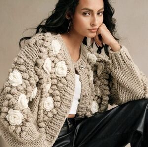 Anewsta Floral Detail Pom Pom Button Front Knitted Cardigan Sweater, Small